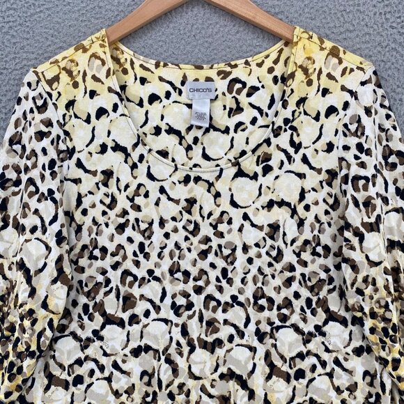 Chicos Top Womens 3 US Extra Large Yellow Brown Animal Print 3/4 Sleeve Pullover - Picture 2 of 11